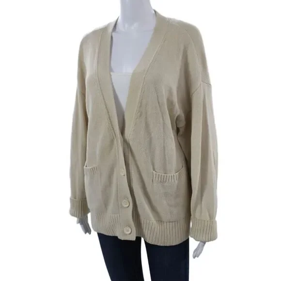 525 Unisex Cardigan V-Neck Button 100% Cotton Beige Long Sleeve Size M - Picture 2 of 6